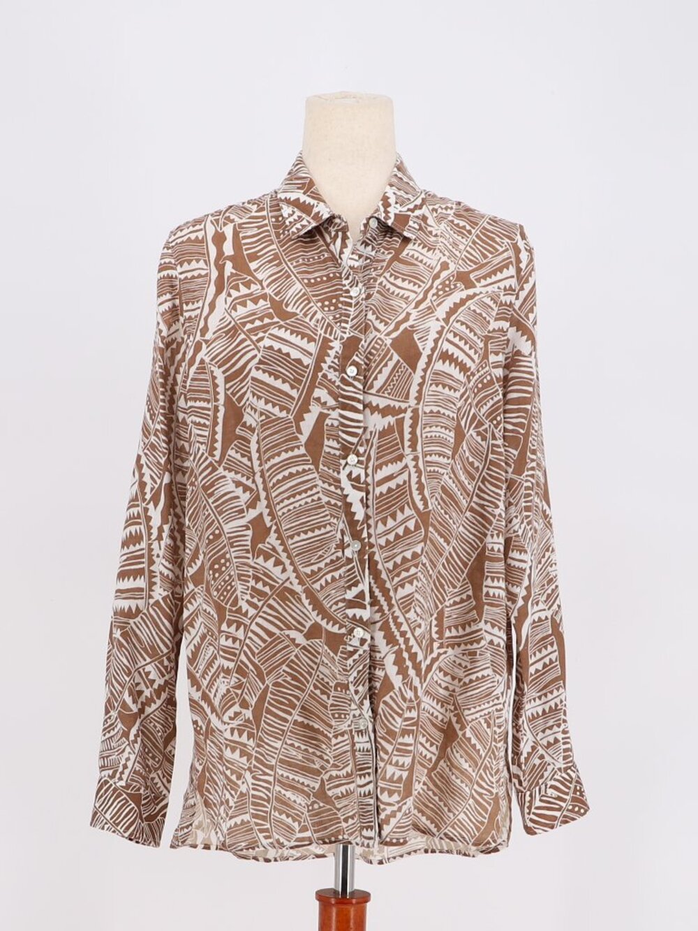 J. MCLAUGHLIN Britt Linen Shirt Abstract Brown/White Leaf Print Size M